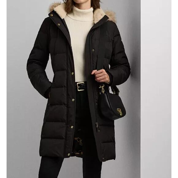 Lauren Ralph Lauren Black Long Down Hooded Quilted Puffer Coat Medium - Picture 1 of 16